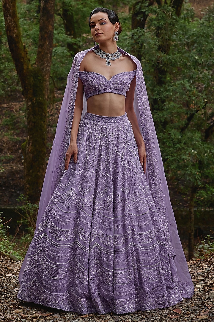 Wisteria Lilac Organza Tassels Embroidered Bridal Lehenga Set by Varun Chakkilam at Pernia's Pop Up Shop