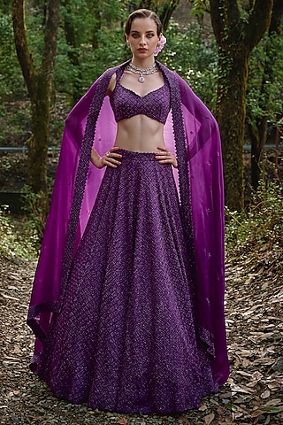 Dark Purple Organza Geometric Embroidered Lehenga Set by Varun Chakkilam