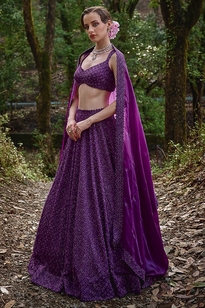 Dark Purple Organza Geometric Embroidered Bridal Lehenga Set by Varun Chakkilam at Pernia's Pop Up Shop