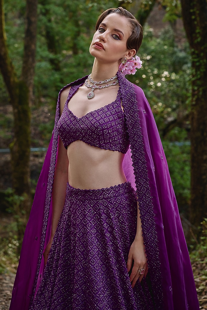 Dark Purple Organza Geometric Embroidered Bridal Lehenga Set by Varun Chakkilam at Pernia's Pop Up Shop