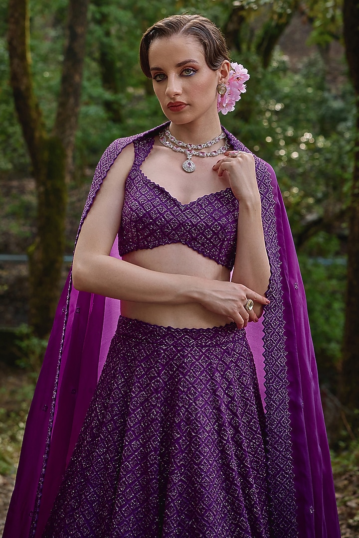 Dark Purple Organza Geometric Embroidered Bridal Lehenga Set by Varun Chakkilam at Pernia's Pop Up Shop