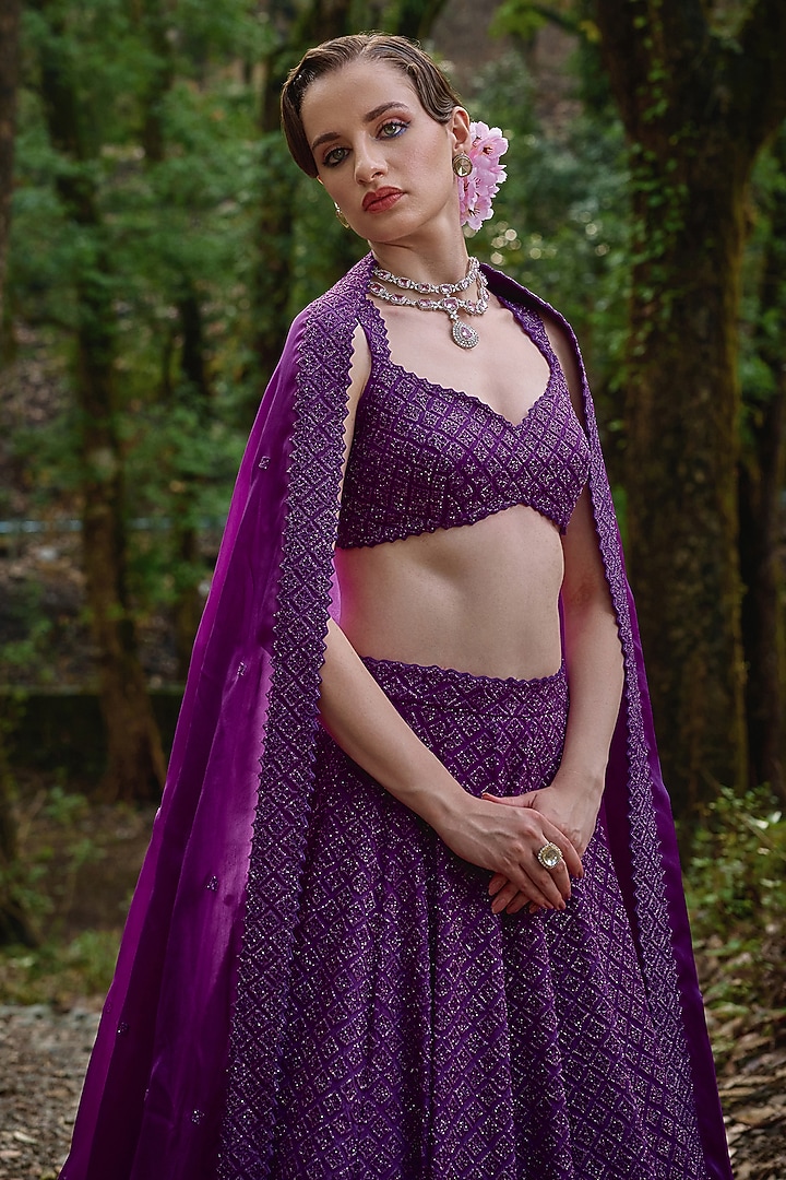 Dark Purple Organza Geometric Embroidered Bridal Lehenga Set by Varun Chakkilam at Pernia's Pop Up Shop