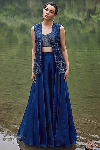 Midnight Blue Organza Skirt Set by Varun Chakkilam