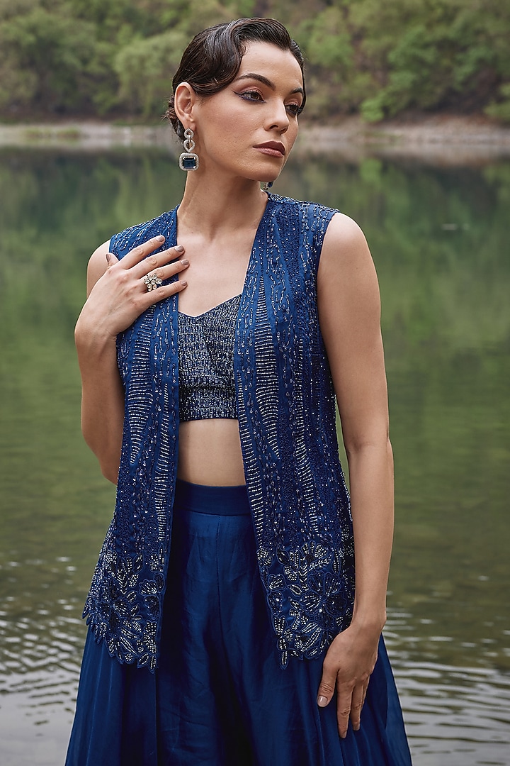 Midnight Blue Organza Skirt Set by Varun Chakkilam at Pernia's Pop Up Shop