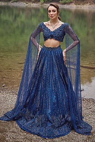 Midnight Blue Organza Geometric Embroidered Lehenga Set by Varun Chakkilam