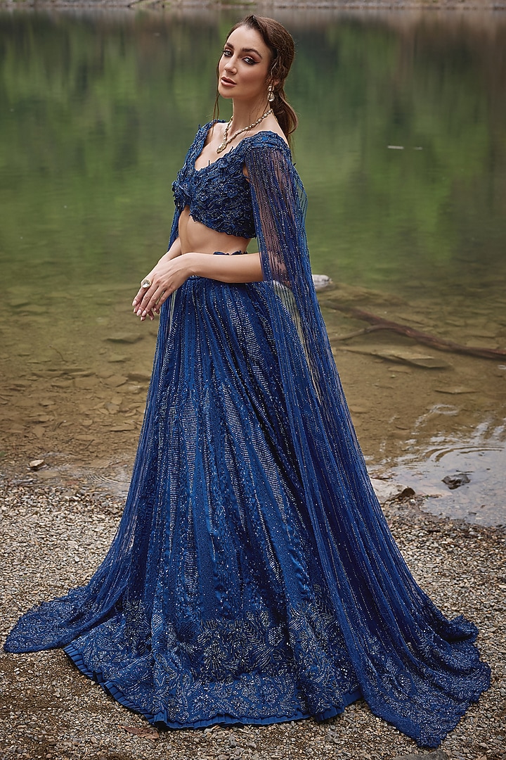 Midnight Blue Organza Geometric Embroidered Bridal Lehenga Set by Varun Chakkilam at Pernia's Pop Up Shop