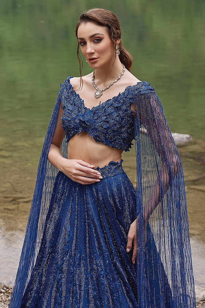 Midnight Blue Organza Geometric Embroidered Bridal Lehenga Set by Varun Chakkilam at Pernia's Pop Up Shop