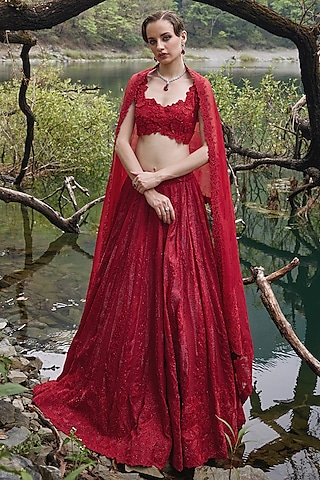 Scarlet Red Organza Geometric Lehenga Set by Varun Chakkilam