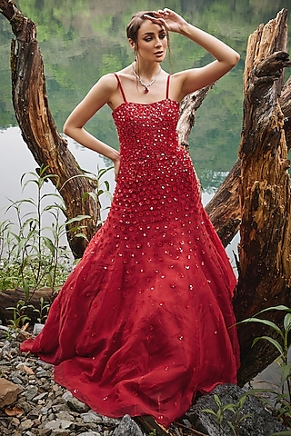 Scarlet Red Organza Geometric Embroidered Gown by Varun Chakkilam