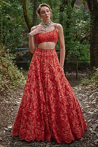 Amber Organza Beads Embroidered Lehenga Set by Varun Chakkilam