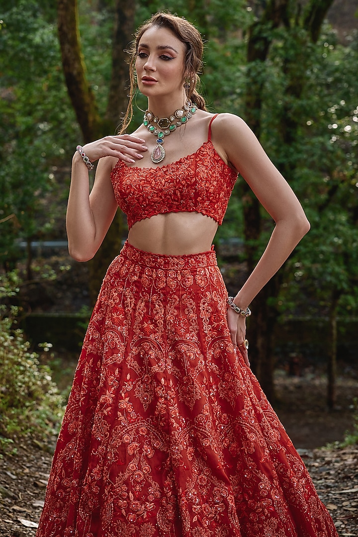 Amber Organza Beads Embroidered Bridal Lehenga Set by Varun Chakkilam at Pernia's Pop Up Shop
