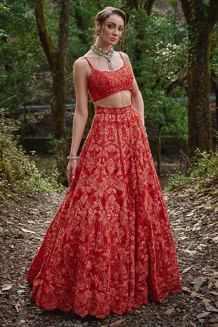 Amber Organza Beads Embroidered Bridal Lehenga Set by Varun Chakkilam at Pernia's Pop Up Shop