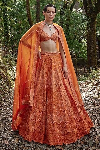 Sunset Orange Organza Embroidered Lehenga Set by Varun Chakkilam
