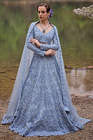 Pastel Blue Organza Floral Embroidered Lehenga Set by Varun Chakkilam