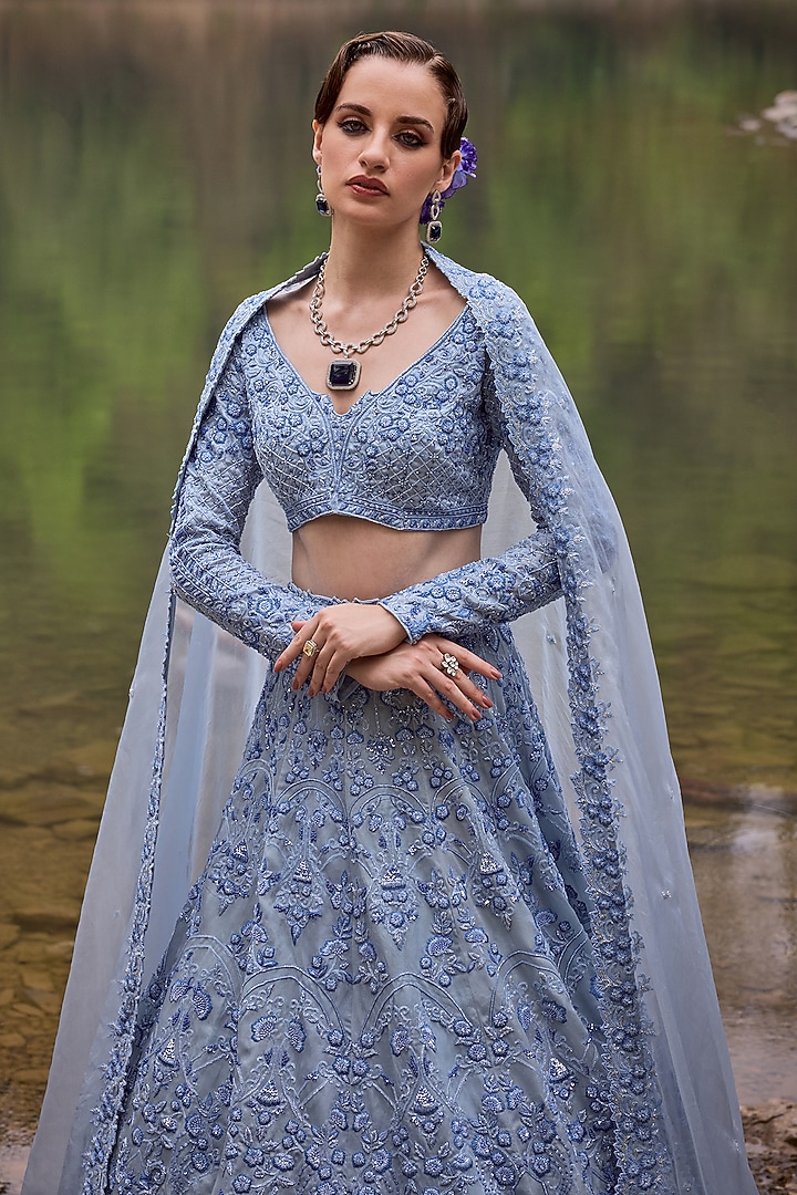 Pastel Blue Organza Floral Embroidered Bridal Lehenga Set by Varun Chakkilam at Pernia's Pop Up Shop