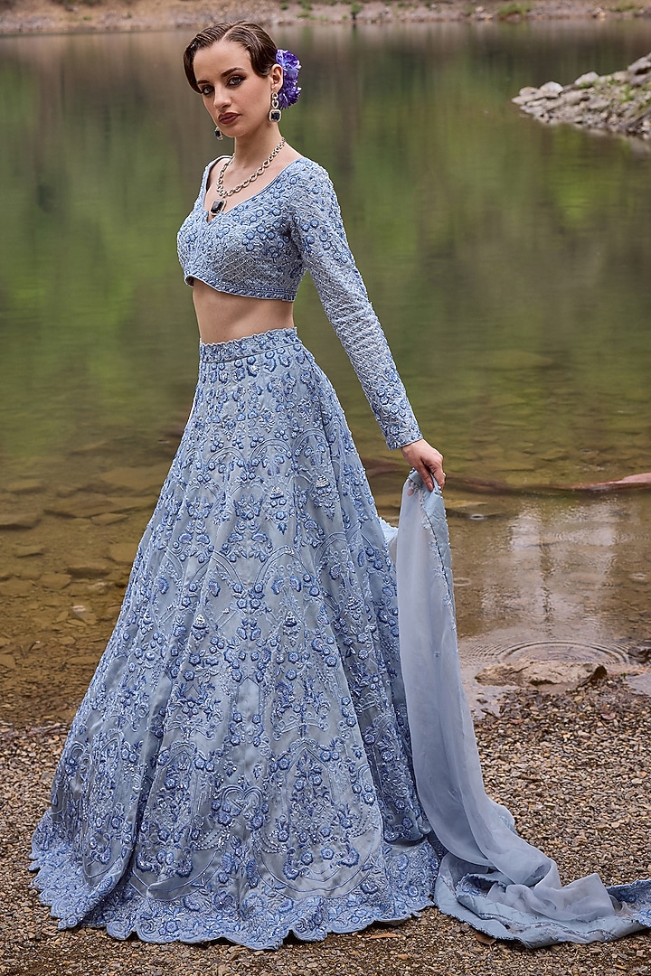 Pastel Blue Organza Floral Embroidered Bridal Lehenga Set by Varun Chakkilam at Pernia's Pop Up Shop