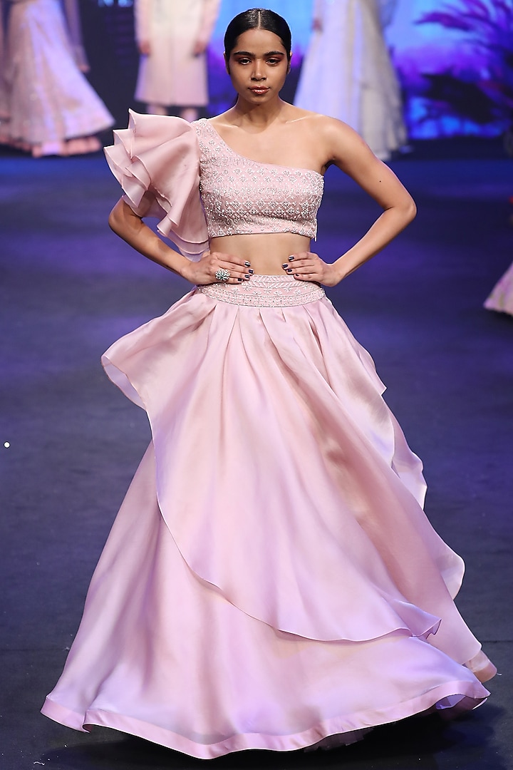 Blush Pink Ruffled Skirt Set by Varun Chakkilam