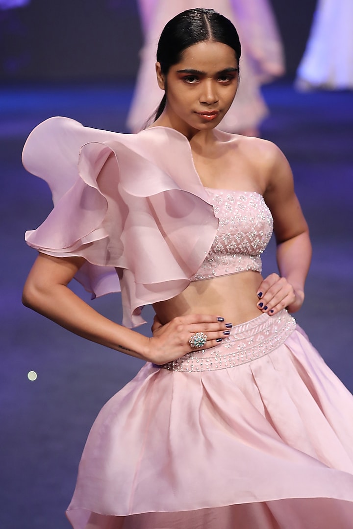 Blush Pink Ruffled Skirt Set by Varun Chakkilam at Pernia's Pop Up Shop