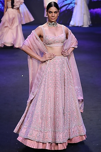 Flamingo Pink Embroidered Bridal Lehenga Set by Varun Chakkilam at Pernia's Pop Up Shop