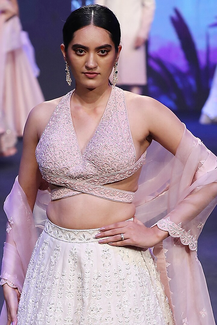 Beige & Blush Pink Embroidered Bridal Lehenga Set by Varun Chakkilam at Pernia's Pop Up Shop