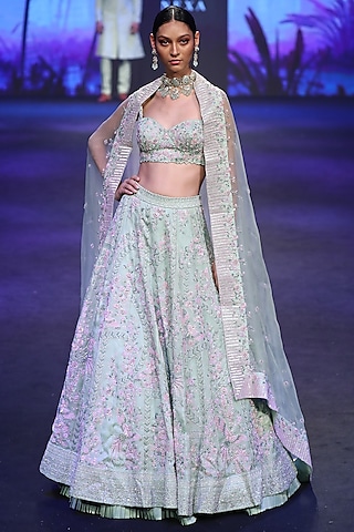 Pistachio Green Embroidered Lehenga Set by Varun Chakkilam