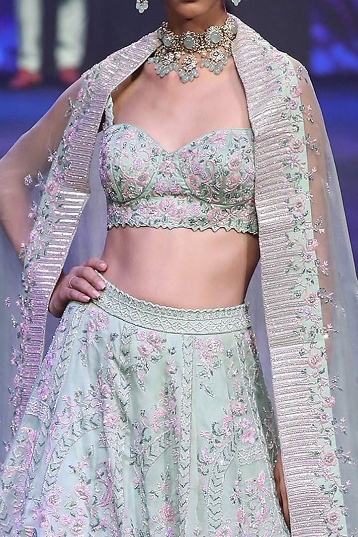 Pistachio Green Embroidered Bridal Lehenga Set by Varun Chakkilam at Pernia's Pop Up Shop