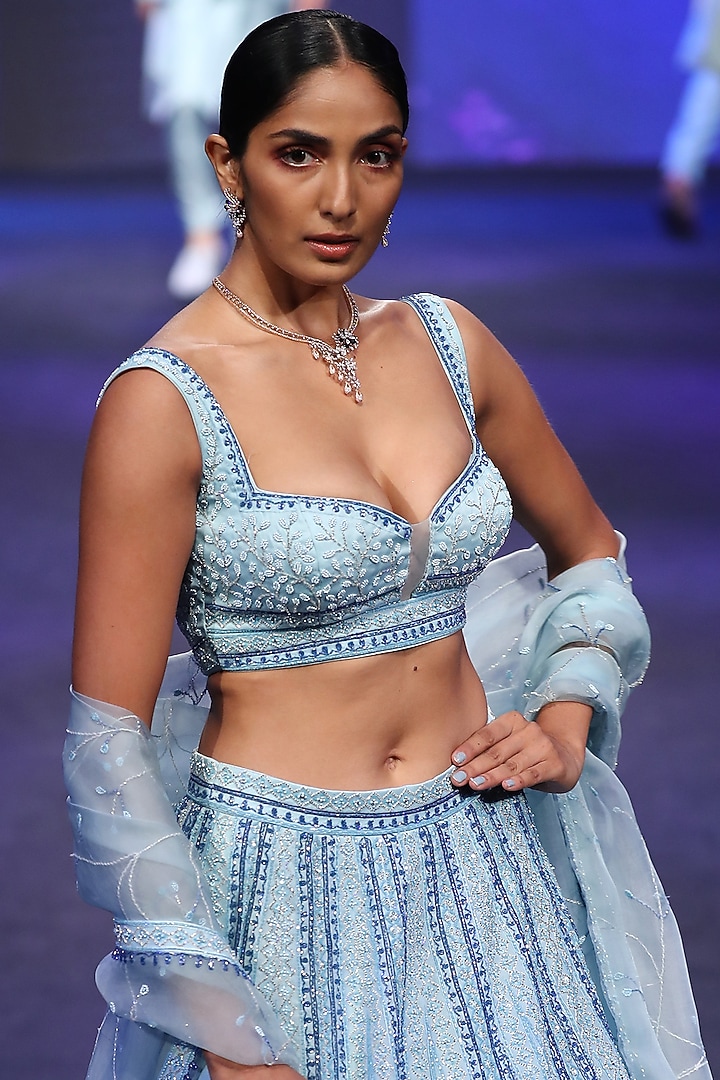 Ice Blue Embroidered Bridal Lehenga Set by Varun Chakkilam at Pernia's Pop Up Shop