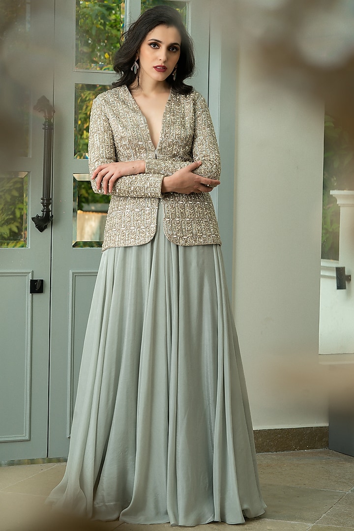 Grey Hand Embroidered Jacket Set by Varun Chakkilam