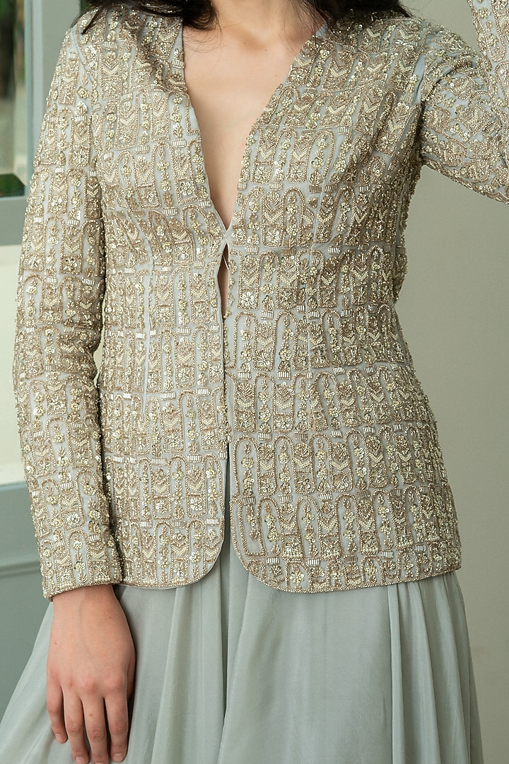Grey Hand Embroidered Jacket Set by Varun Chakkilam at Pernia's Pop Up Shop