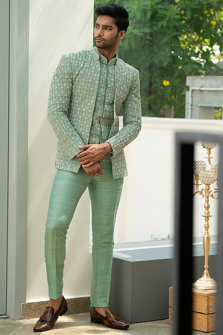 Sage Green Hand Embroidered Blazer Set Design by Varun Chakkilam Men at  Pernia's Pop Up Shop 2024
