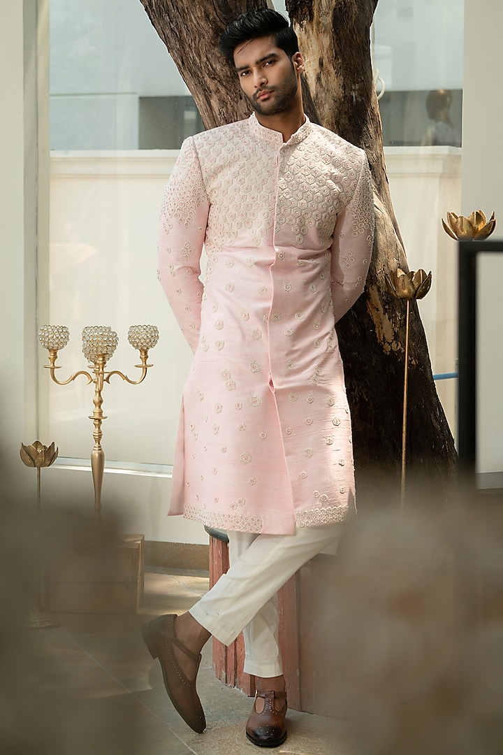 Pink & White Sherwani Set by Varun Chakkilam Men