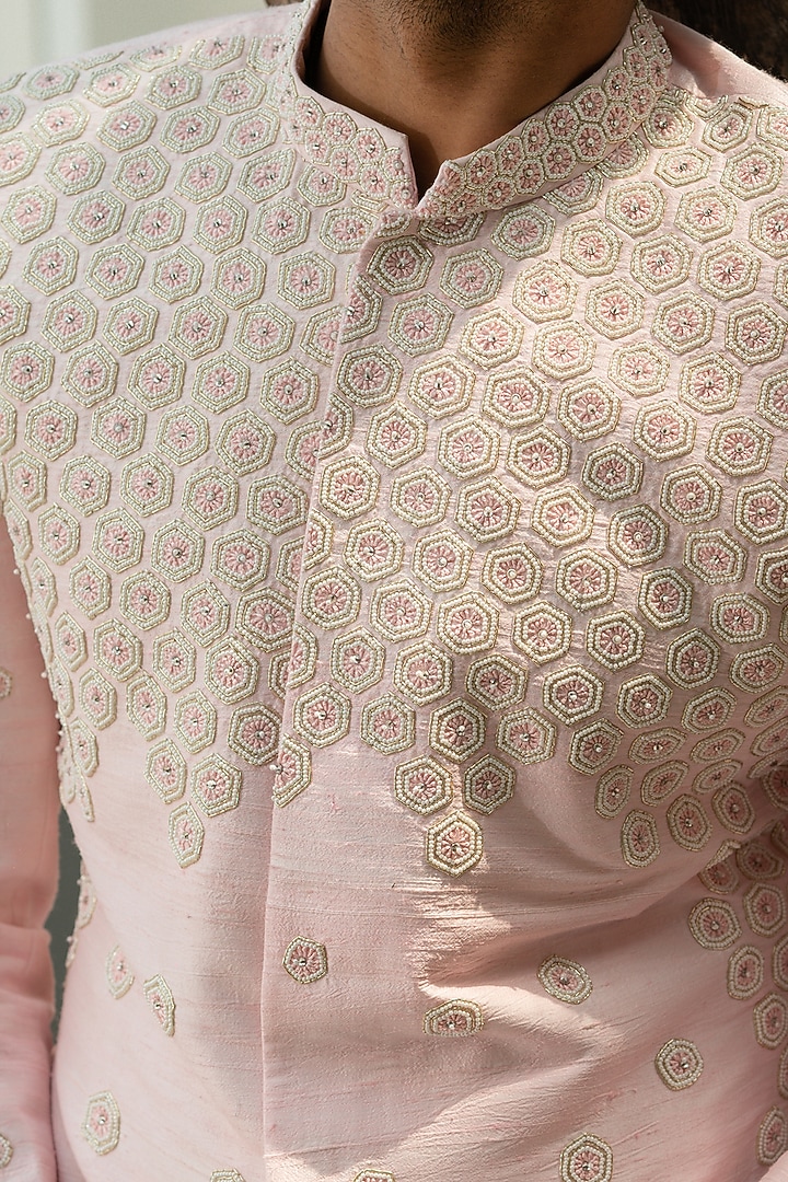 Pink Raw Silk Motif Embellished Groom Sherwani Set by Varun Chakkilam Men at Pernia's Pop Up Shop
