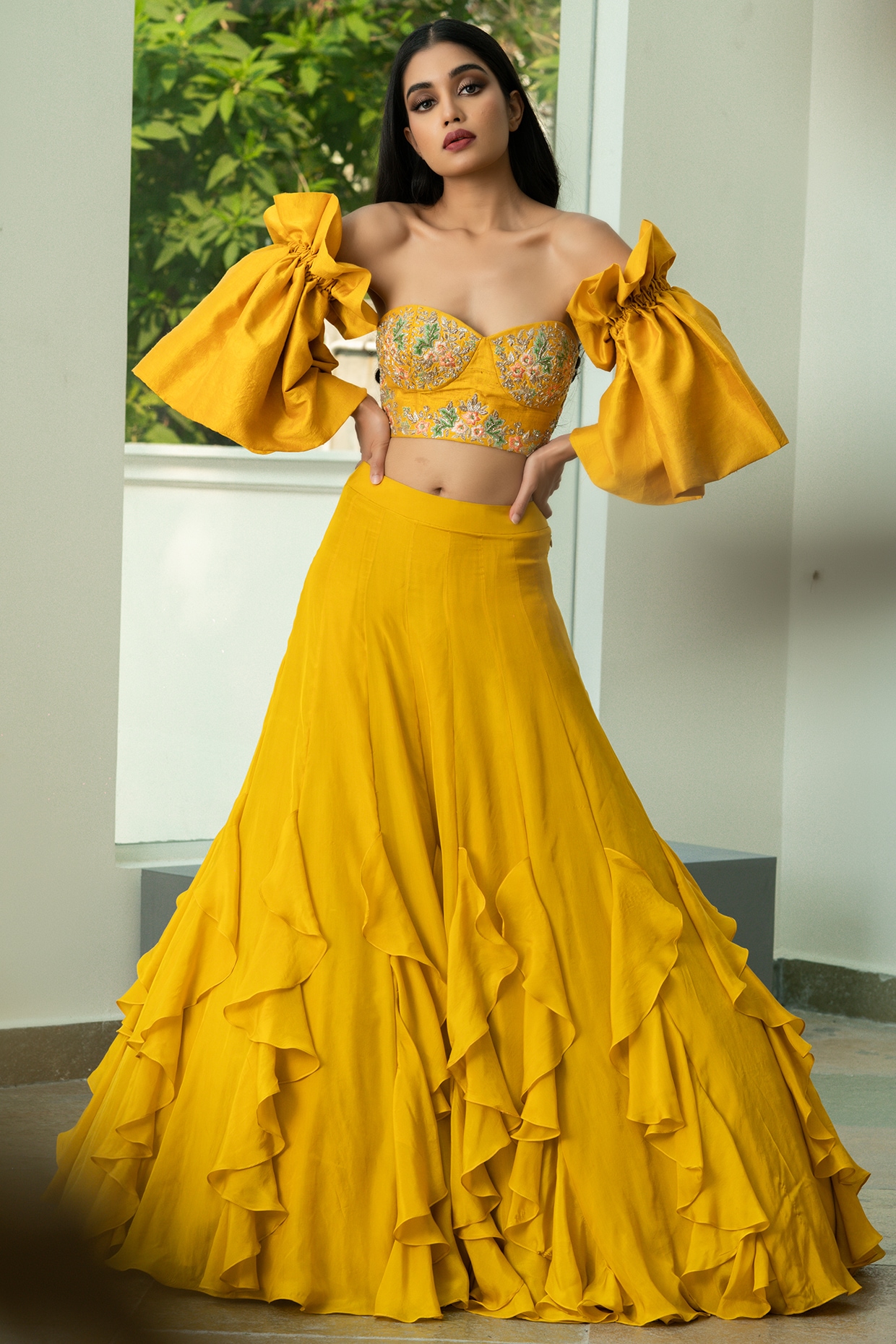 Sanjana Thakur Ruffled Lehenga Embroidered Blouse Set | Yellow, French  Knots, Nylon Net, Sweetheart Neck, Sleeveless | Ruffle lehenga, Lehenga,  Bridal wear