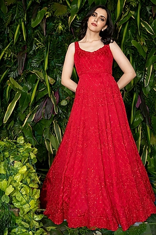Red Hand Embroidered Gown by Varun Chakkilam