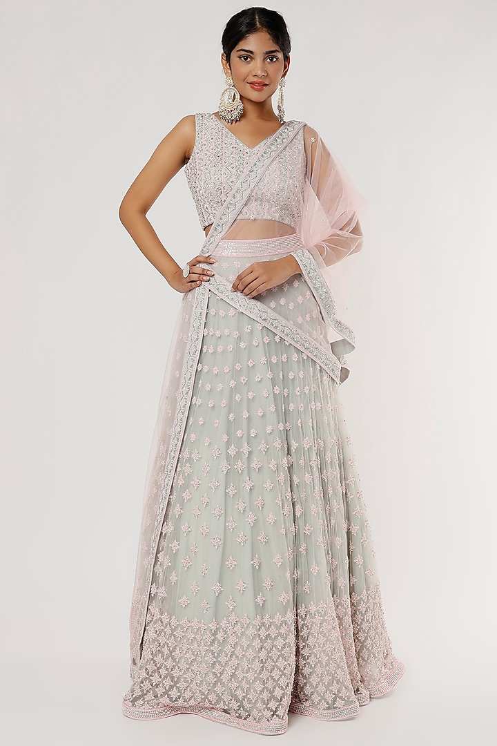 Mauve Embroidered Lehenga Set by Varun Chakkilam