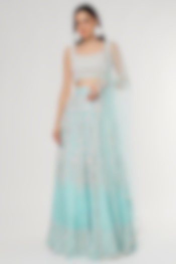 Sky Blue Embroidered Bridal Lehenga Set by Varun Chakkilam at Pernia's Pop Up Shop