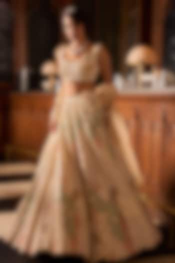 Beige Satin Organza & Organza Hand Embroidered Bridal Lehenga Set by Varun Chakkilam at Pernia's Pop Up Shop