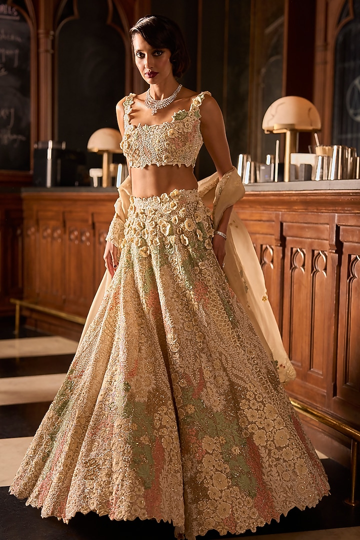 Beige Satin Organza & Organza Hand Embroidered Bridal Lehenga Set by Varun Chakkilam at Pernia's Pop Up Shop