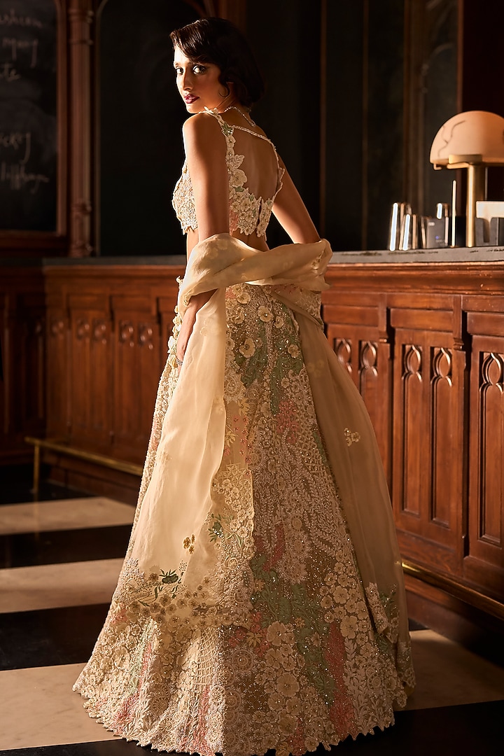 Beige Satin Organza & Organza Hand Embroidered Bridal Lehenga Set by Varun Chakkilam at Pernia's Pop Up Shop