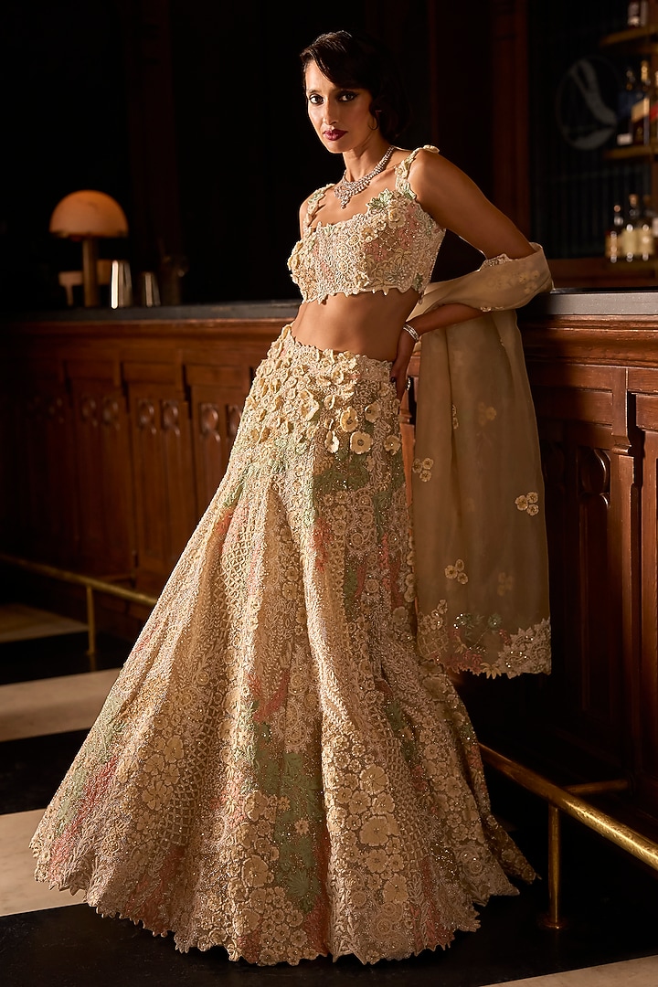 Beige Satin Organza & Organza Hand Embroidered Bridal Lehenga Set by Varun Chakkilam at Pernia's Pop Up Shop