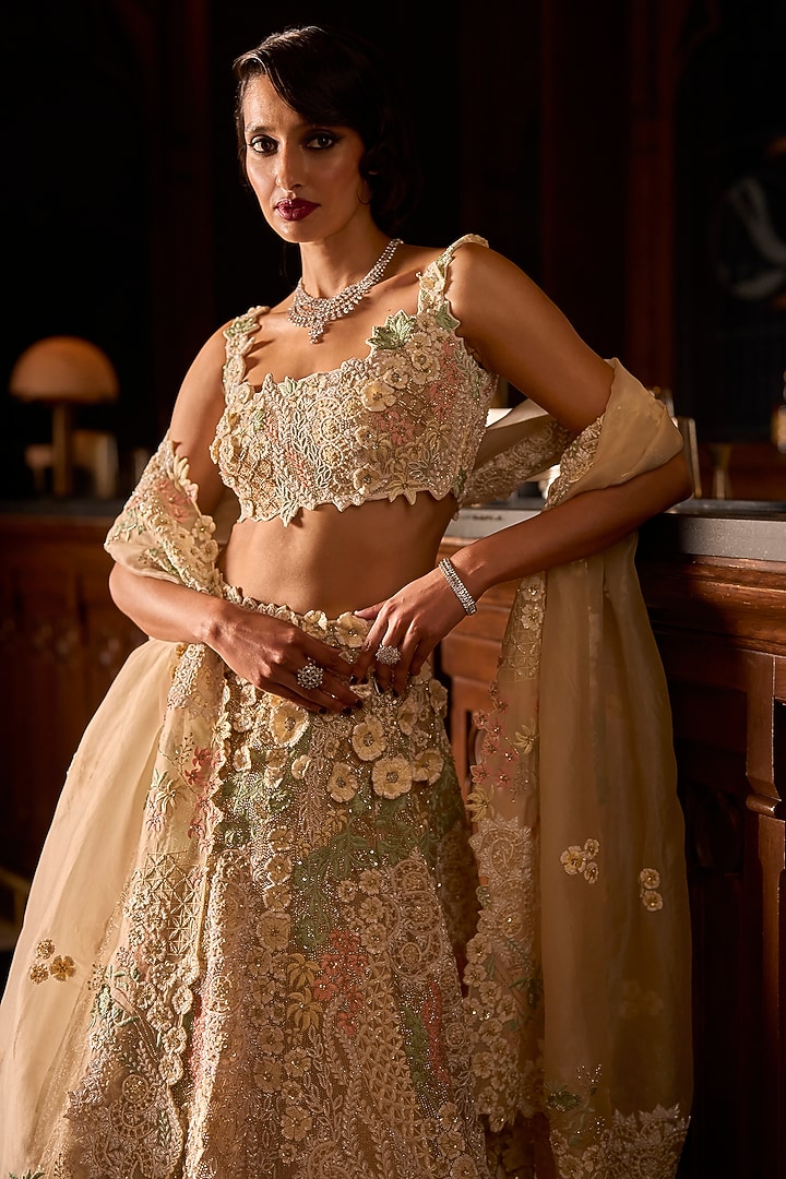 Beige Satin Organza & Organza Hand Embroidered Bridal Lehenga Set by Varun Chakkilam at Pernia's Pop Up Shop