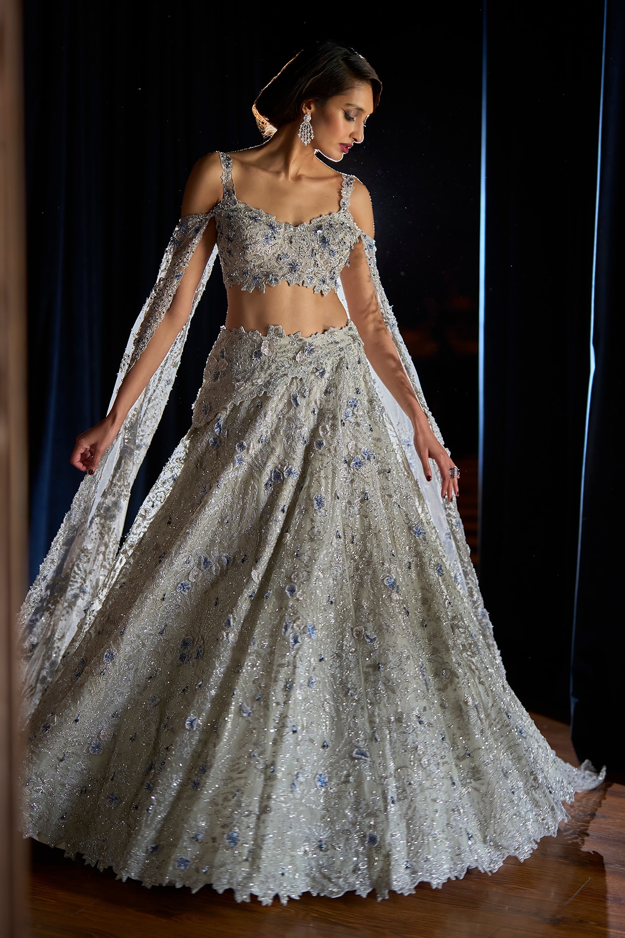 Varun Chakkilam Silver Satin Organza & Organza Embellished Lehenga Set