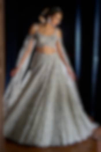 Silver Satin Organza & Organza Embellished Bridal Lehenga Set by Varun Chakkilam at Pernia's Pop Up Shop