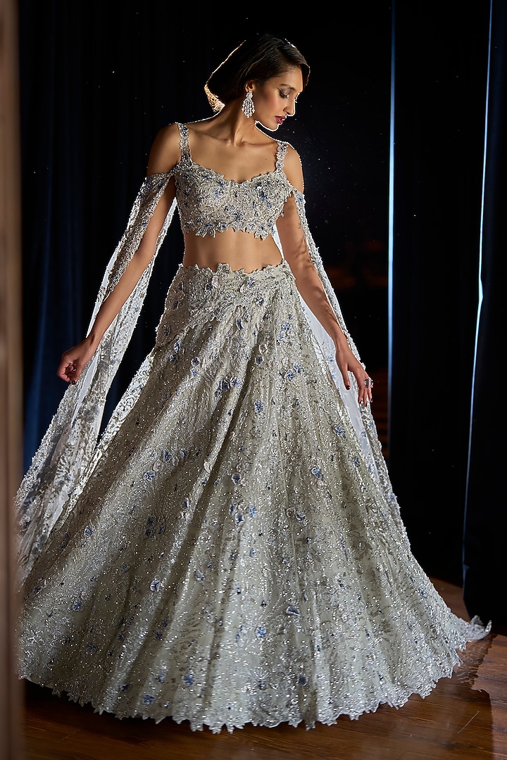 Silver Satin Organza & Organza Embellished Bridal Lehenga Set by Varun Chakkilam at Pernia's Pop Up Shop