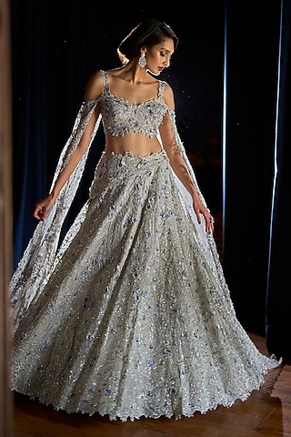 Silver Satin Organza & Organza Embellished Lehenga Set by Varun Chakkilam