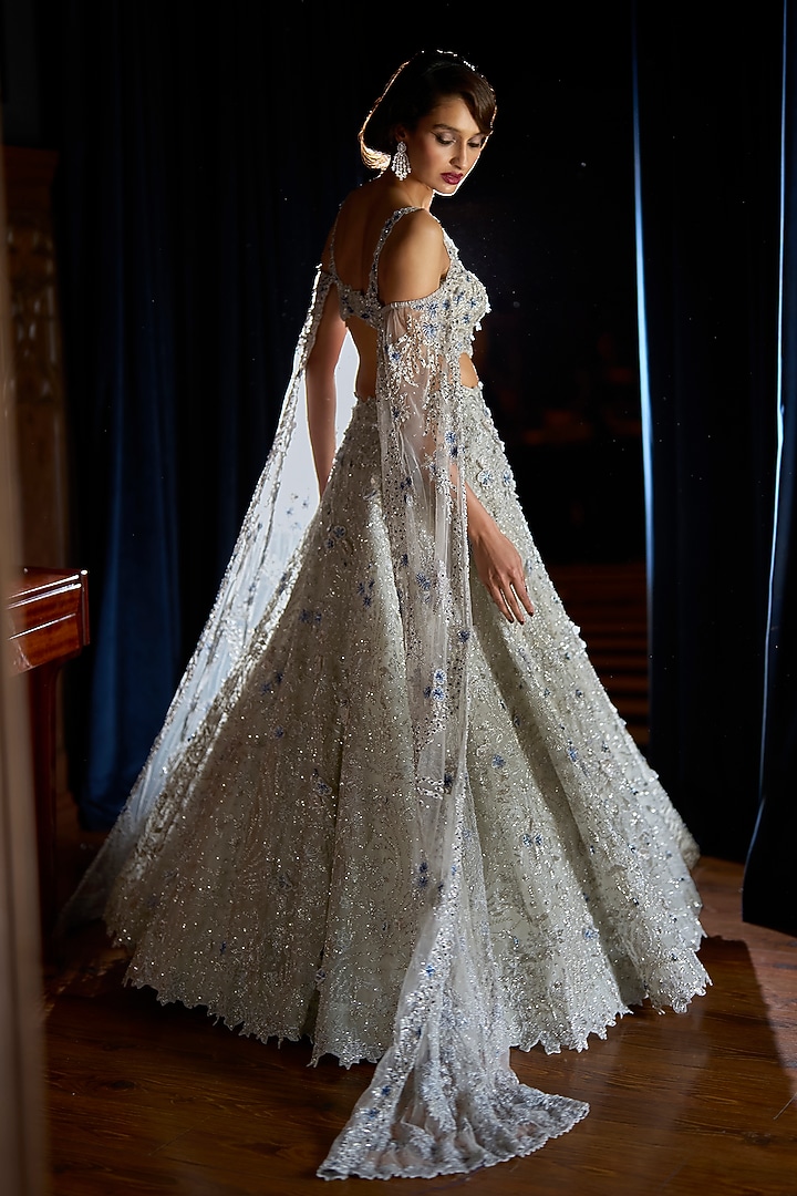 Silver Satin Organza & Organza Embellished Bridal Lehenga Set by Varun Chakkilam at Pernia's Pop Up Shop