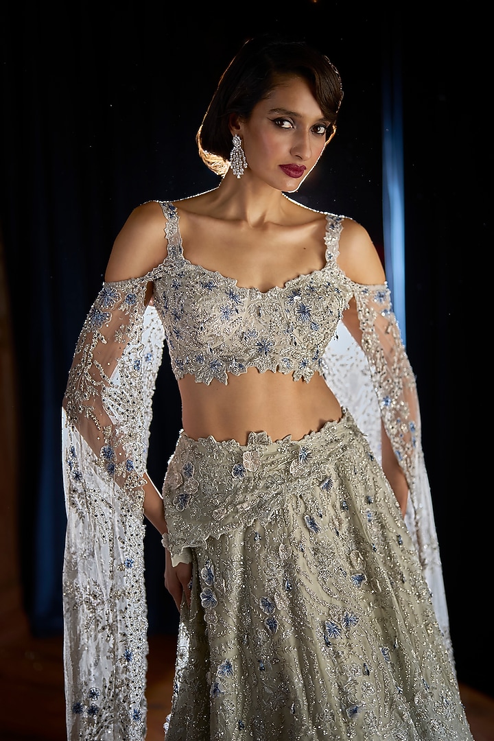 Silver Satin Organza & Organza Embellished Bridal Lehenga Set by Varun Chakkilam at Pernia's Pop Up Shop