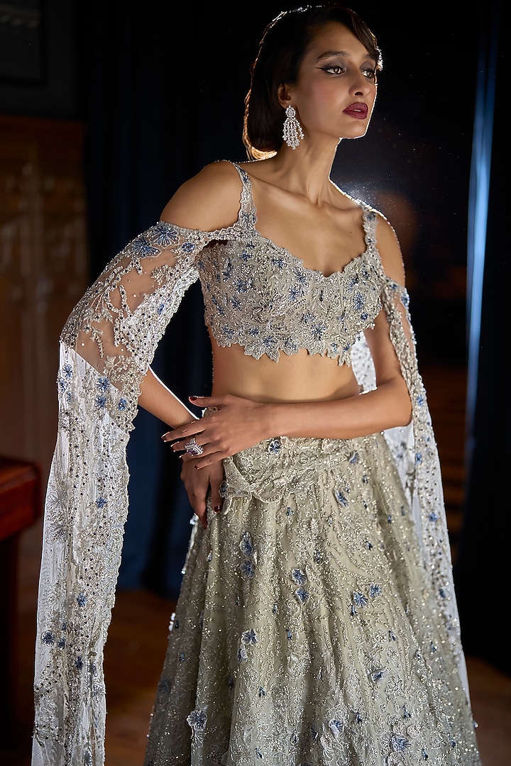 Silver Satin Organza & Organza Embellished Bridal Lehenga Set by Varun Chakkilam at Pernia's Pop Up Shop