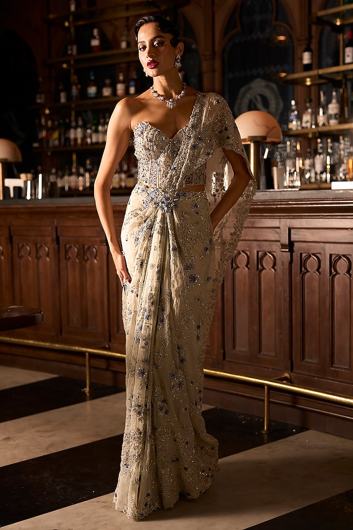 Silver Satin Organza & Organza Hand Embroidered Draped Bridal Saree Set by Varun Chakkilam at Pernia's Pop Up Shop