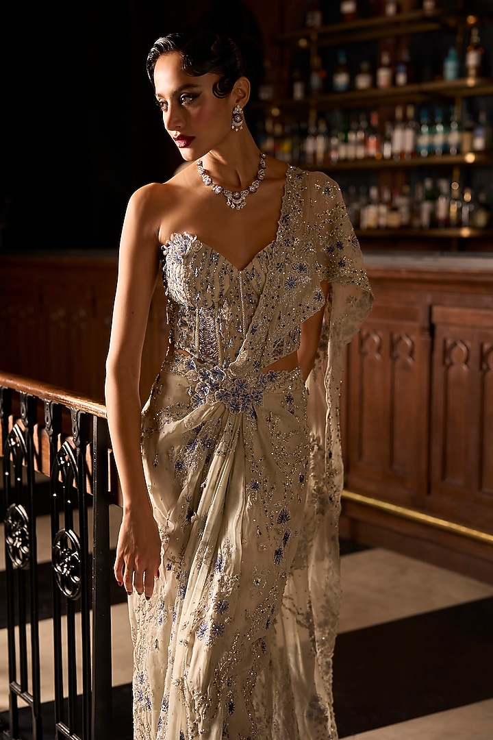 Silver Satin Organza & Organza Hand Embroidered Draped Bridal Saree Set by Varun Chakkilam at Pernia's Pop Up Shop